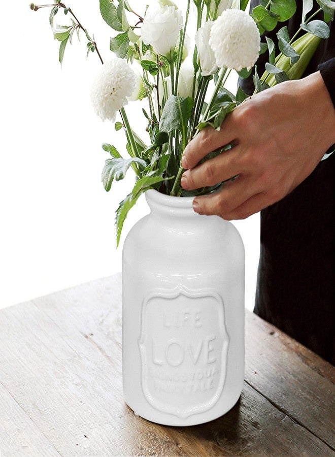 Fovasen French Style Country Love Flower Farmhouse Vase, White Ceramic Pencils Holder Milk Can Jug Vase Buckets Floral Centerpieces for Home Kitchen Festivals & Valentines Decorative Gift- 5.9" H - Image 3